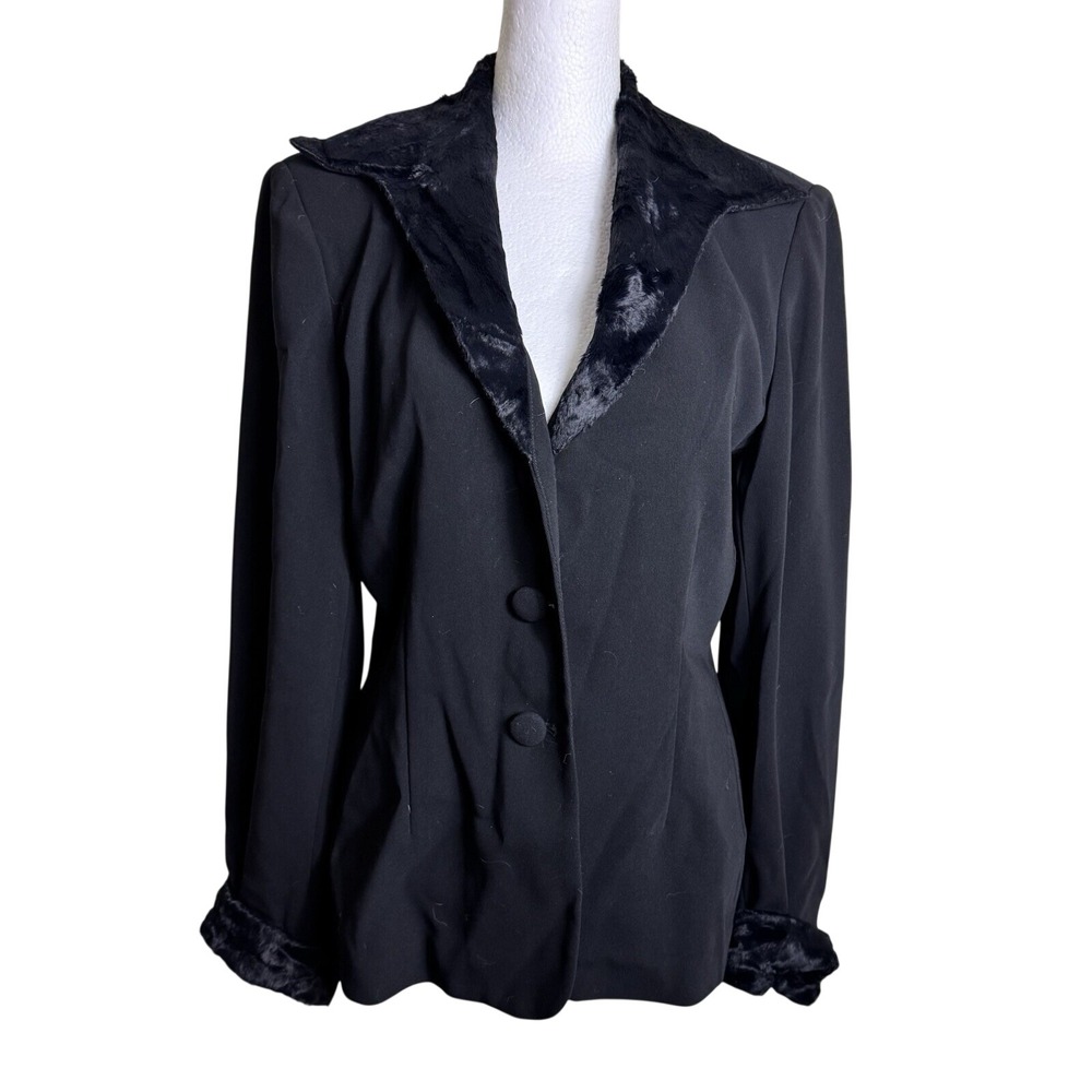 BICCI Petite Black Blazer Jacket Faux Fur Trim Collar‎ Cuffs Size 10 Vintage